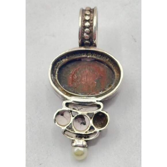 Sterling Silver Jasper & Pearl Pendant 925 - Picture 2 of 4